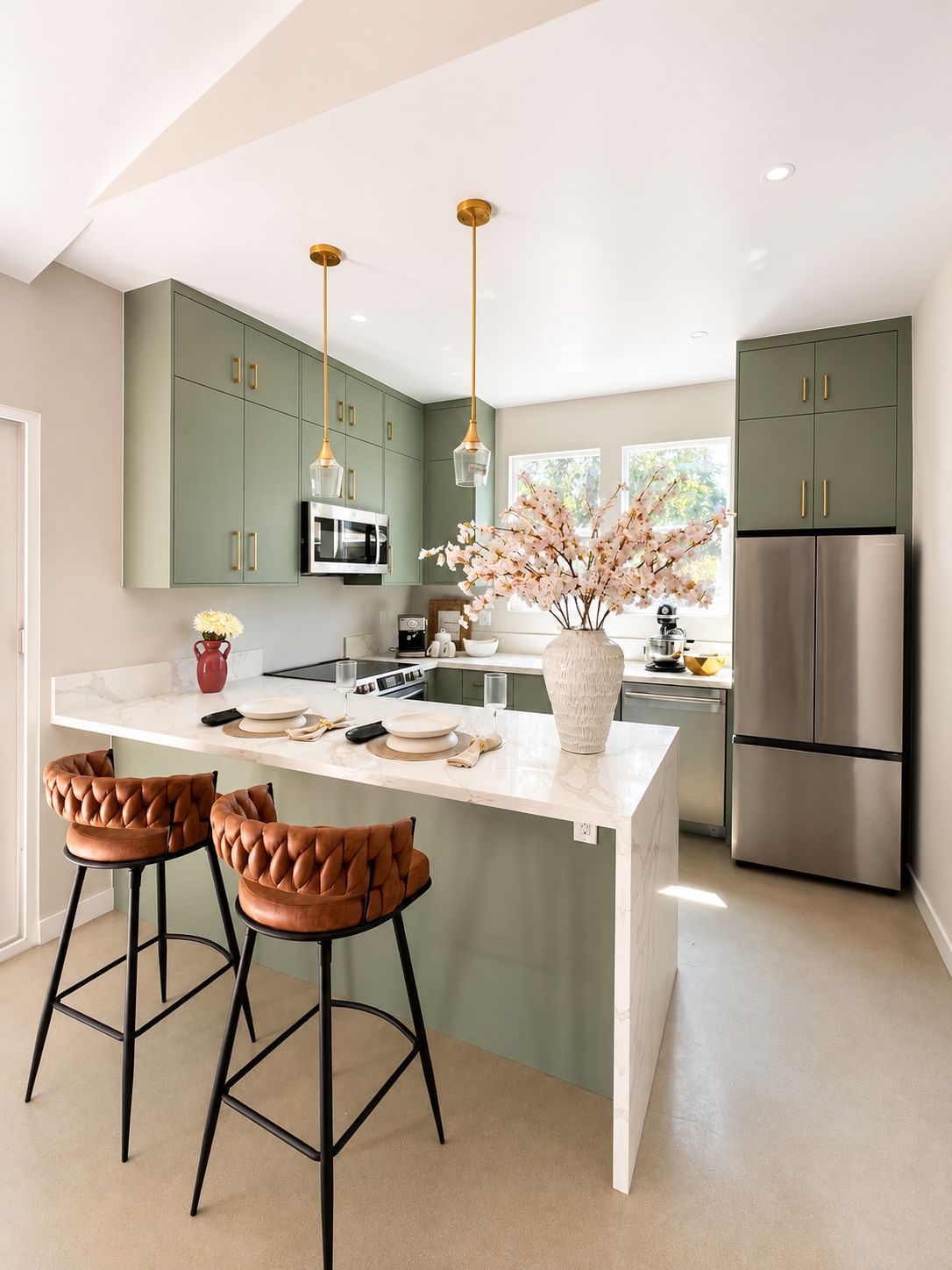 Kitchen view with stainless refrigerator and pendant lighting