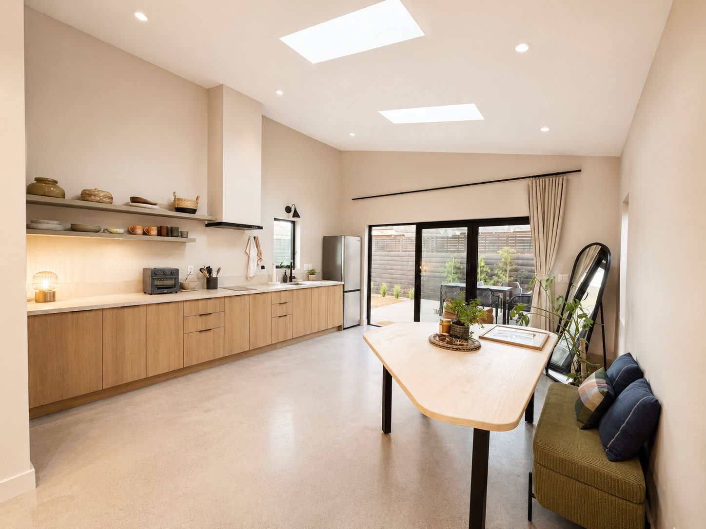Living and dining area with skylights and sliding door to the patio