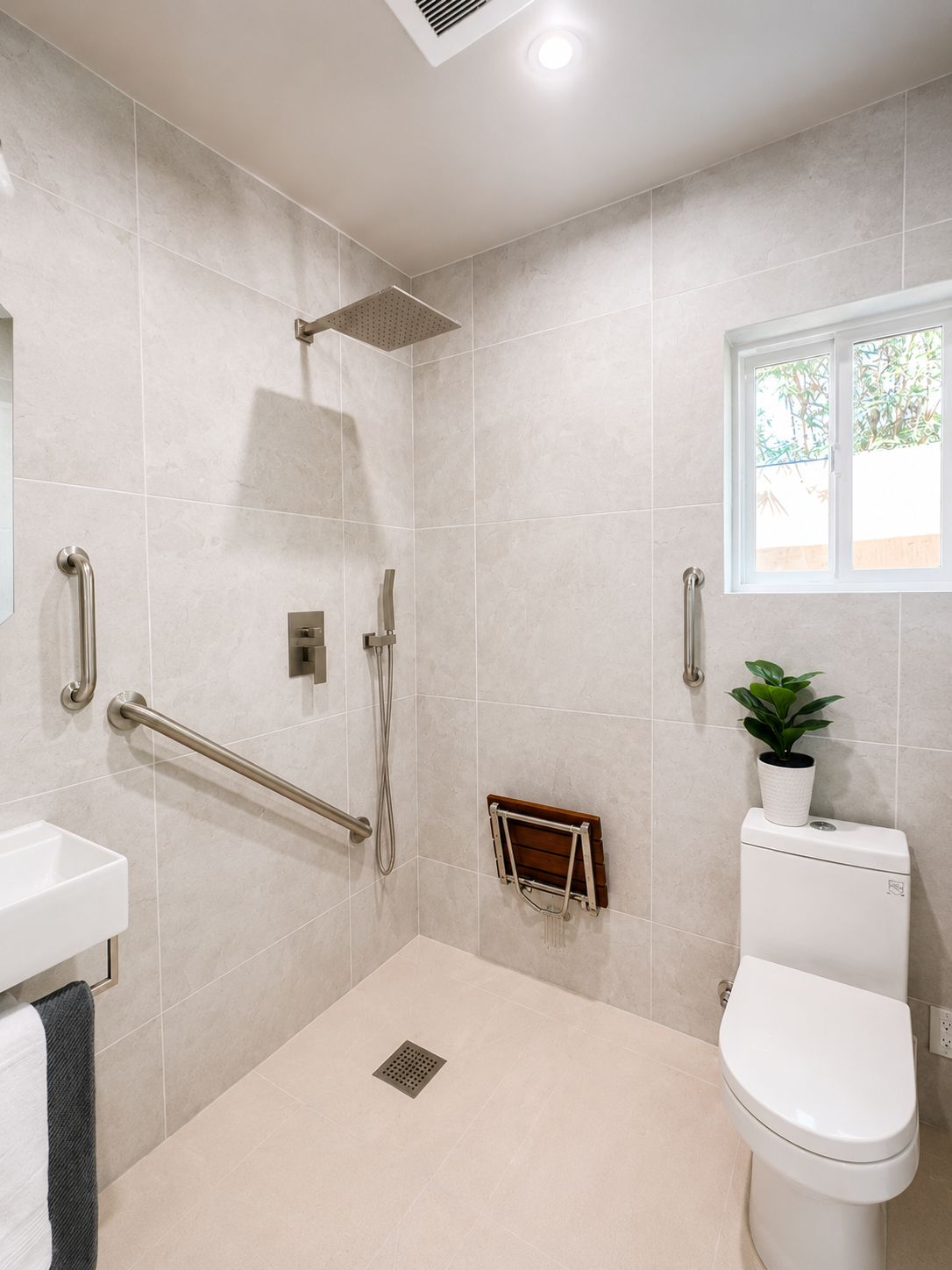Accessible bathroom with roll-in shower and grab bars