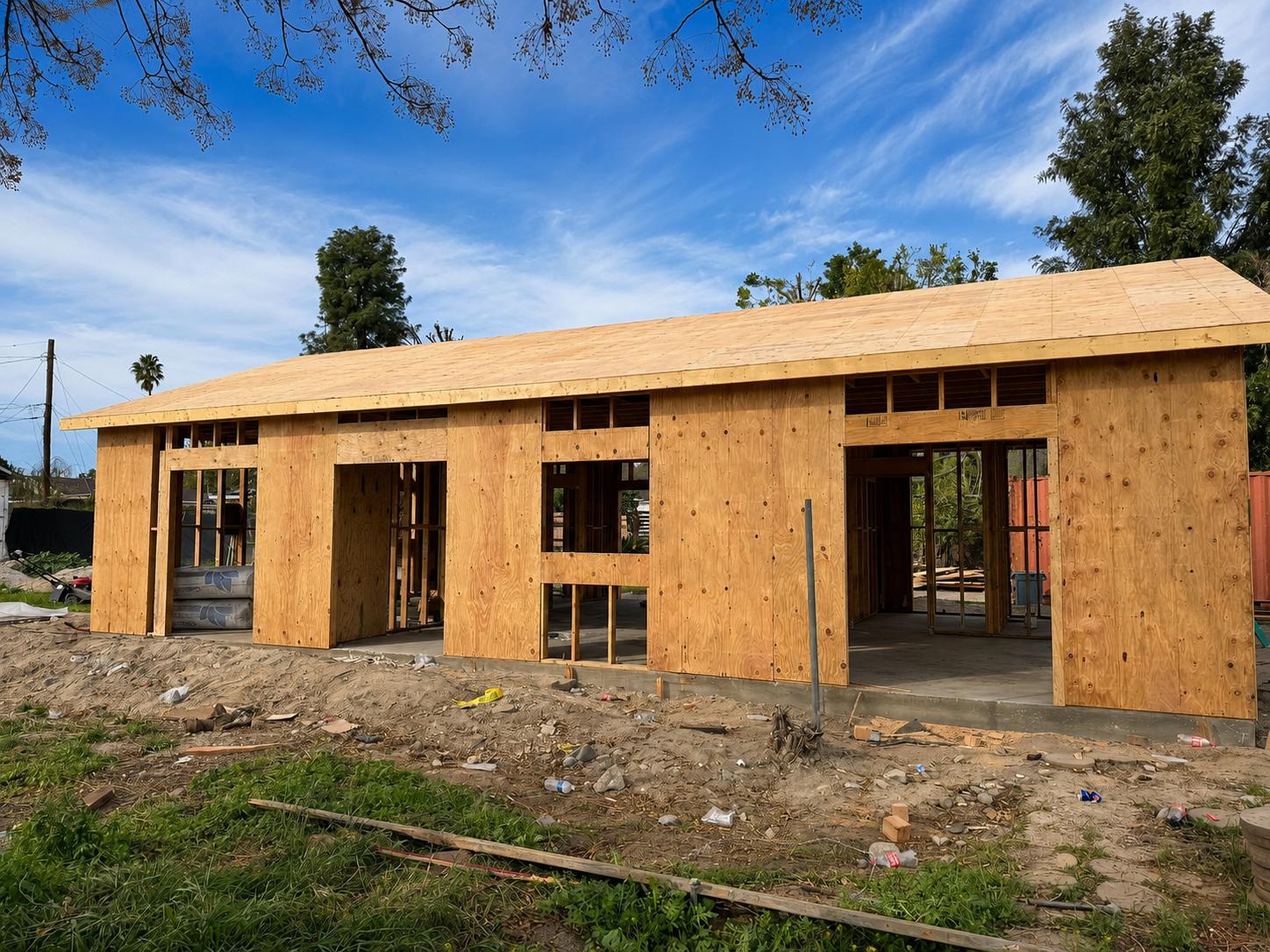 Framed addition with plywood sheathing and roof decking