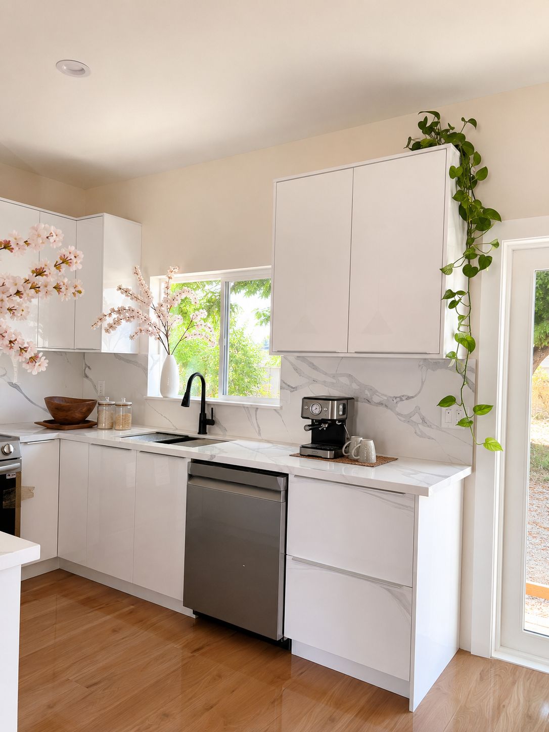 Kitchen sink and counter with marble backsplash