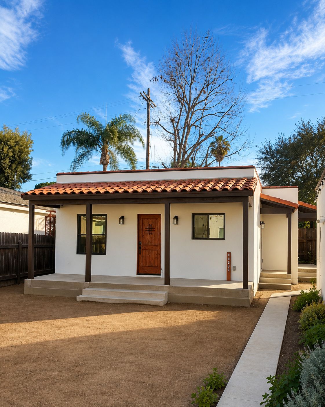 Finished ADU exterior with Spanish tile roof and wood front door
