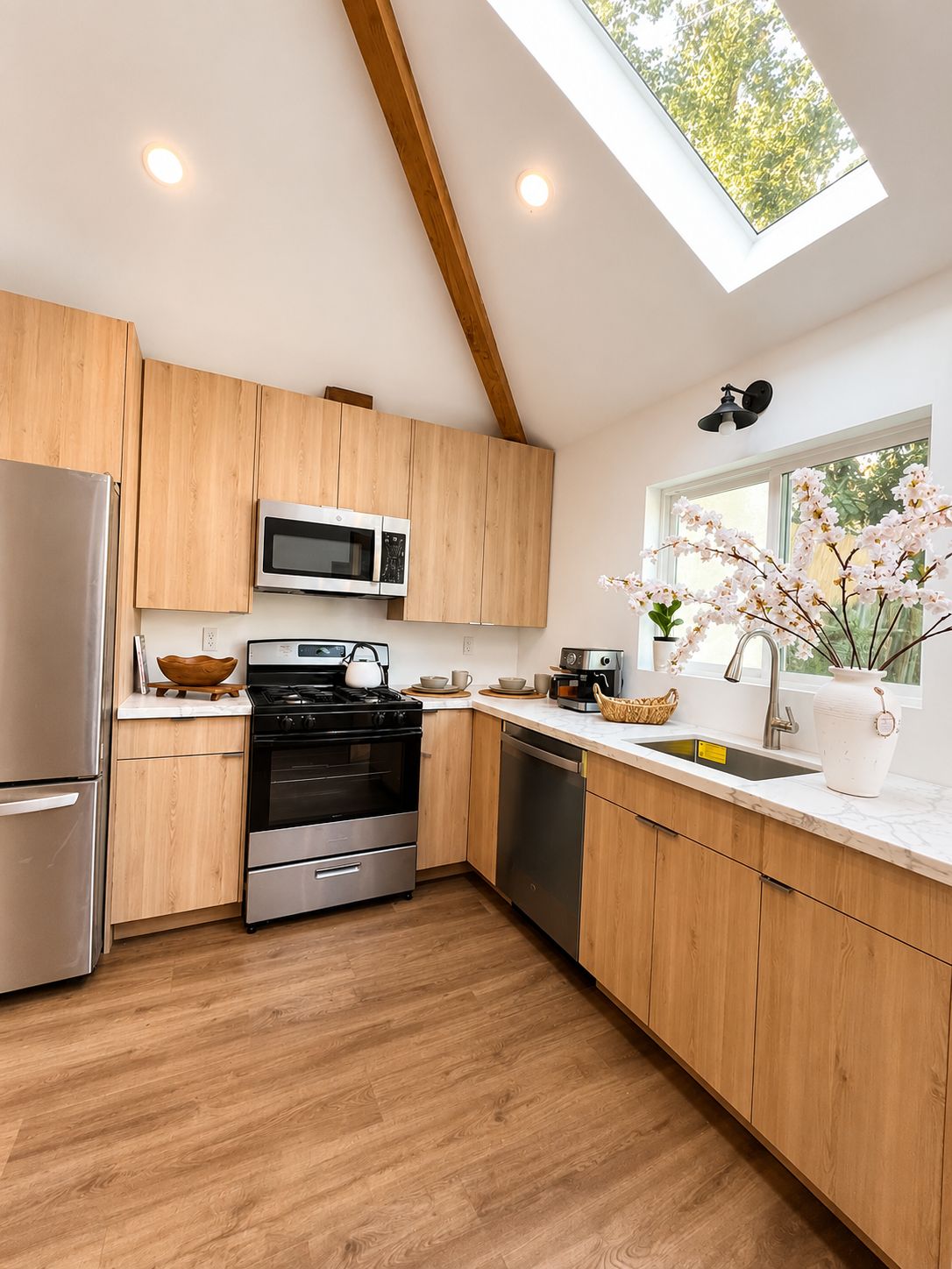 Finished kitchen with skylight and wood cabinetry