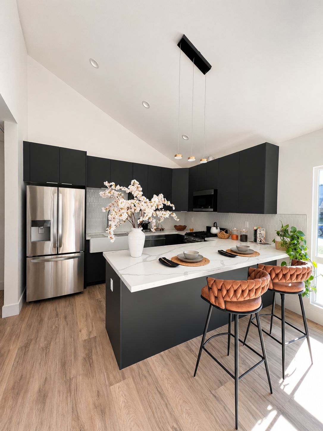 Finished kitchen with black cabinetry and marble countertop
